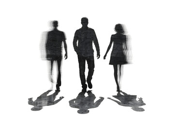 Three translucent figures of people standing together casting shadows isolated on transparent background