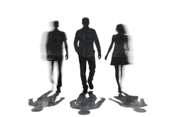 Three translucent figures of people standing together casting shadows isolated on transparent background