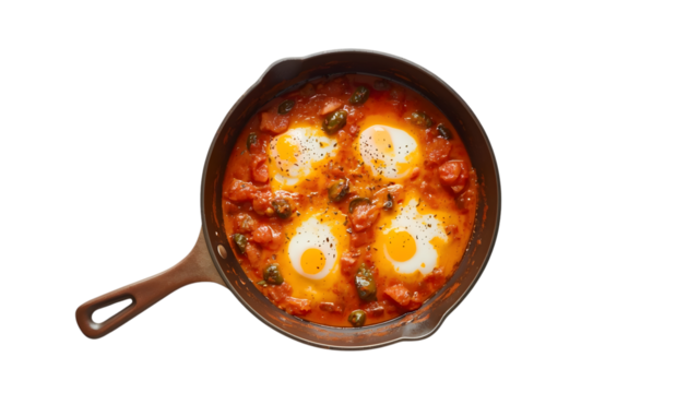 Top down view of shakshuka in a pan, transparent background PNG for food marketing and design