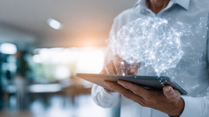 Professional man presents educational content using tablet in modern office setting