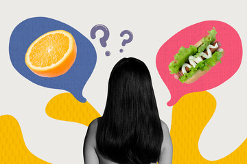 Sketch art image poster 3d banner collage of anonym girl stand back look orange fruit half hot-dog nutrition fast food question