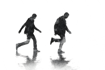 Two figures walking in a dark abstract textured style with reflections on a transparent background isolated on transparent background