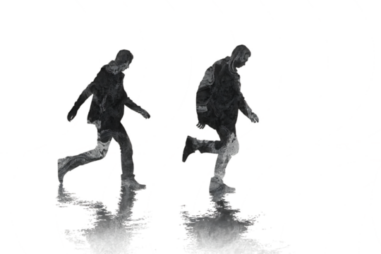Two figures walking in a dark abstract textured style with reflections on a transparent background isolated on transparent background