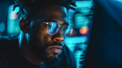 Focused professional analyzing data at workstation in a modern office environment