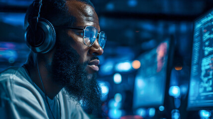 Young Muslim man focused on coding in a modern tech workspace during late hours