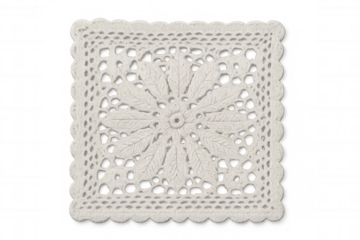 White hand-knitted crochet granny square, delicate openwork textile craft, traditional decorative art on transparent background