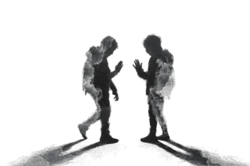 Two ghostly figures in conversation with smoky wisps and shadows isolated on transparent background