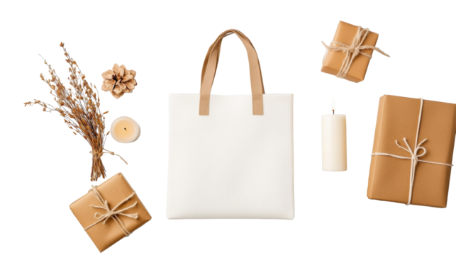 White Tote Bag with Eco-Friendly Gifts  on transparent background - Powered by Adobe