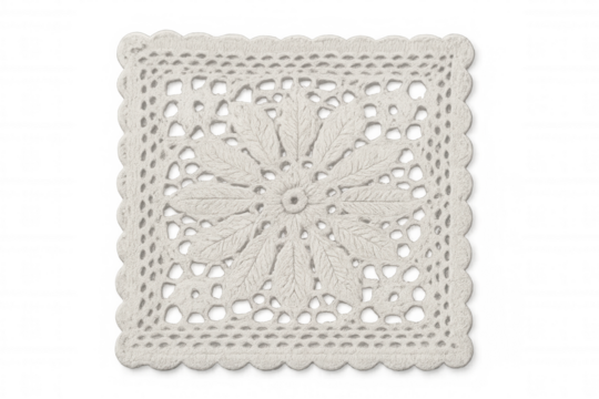 White hand-knitted crochet granny square, delicate openwork textile craft, traditional decorative art on transparent background