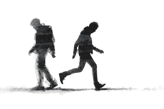 Two ghostly figures walking in silhouette against a dark background isolated on transparent background