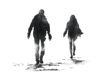 Two shadowy figures walking away from the viewer in a stark atmospheric scene isolated on transparent background