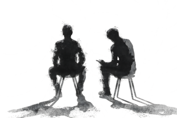 Two silhouetted figures sitting on chairs with abstract light trails extending from their feet isolated on transparent background