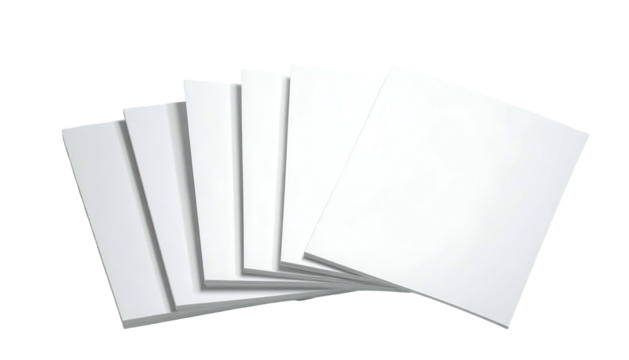 A stack of blank white papers fanned out against a black background, with subtle shadows