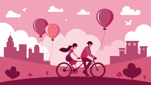 Couple riding bicycle with balloons city on transparent background silhouette - Powered by Adobe