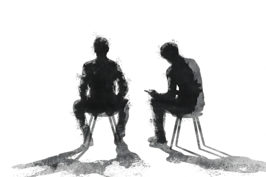 Two silhouetted figures sitting on chairs with abstract light trails extending from their feet isolated on transparent background