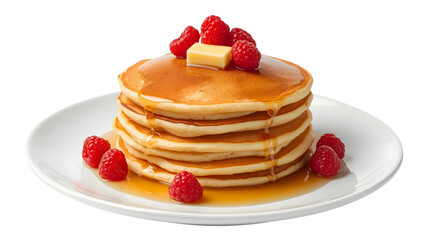 Pancakes with butter, maple syrup and raspberries on a plate, transparent background PNG for food marketing and design