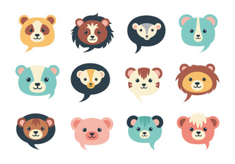 Twelve cartoon animal heads in chat bubble shapes are arranged in a grid Each has unique colors and markings
