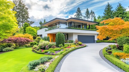 Fototapeta premium Luxury Home: A modern, sleek house, nestled within a vibrant garden, embodies luxury, featuring manicured landscaping, a winding driveway and contemporary architectural design. 