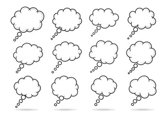 Twelve cloudshaped speech bubbles each attached to a line of circles arranged in a 3x4 grid