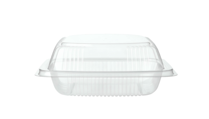 A clear, plastic clamshell container with a ridged base and lid, ideal for food