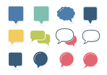 Twelve speech bubbles of different shapes and colors arranged on a white background