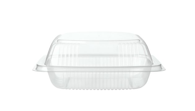 A clear, plastic clamshell container with a ridged base and lid, ideal for food