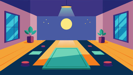 A brightly lit room with floor mats used for yoga or meditation sessions.