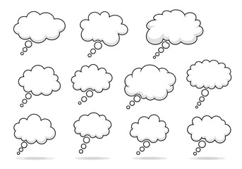 White cartoon thought bubbles a dozen different shapes floating in rows against a plain background