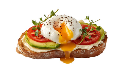 Rustic slice of bread with cream cheese, avocado, tomatoes, and poached egg,  transparent background PNG for food marketing and design
