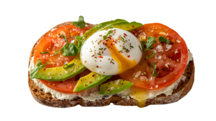 Rustic slice of bread with cream cheese, avocado, tomatoes, and poached egg,  transparent background PNG for food marketing and design