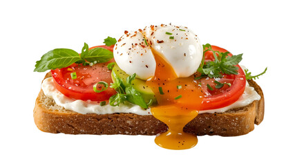 Rustic slice of bread with cream cheese, avocado, tomatoes, and poached egg,  transparent background PNG for food marketing and design