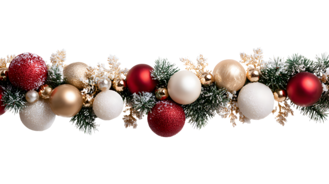 Christmas garland with red and gold ornaments balls, pinecones, and evergreen branches arranged horizontally isolated on transparent background