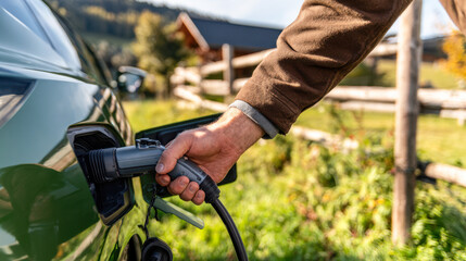 Person connecting EV charging cable in a green outdoor setting with a clear sky