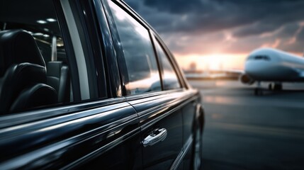 Fototapeta premium A luxury VIP airport car with polished details sharply in frame while the plush interior and city background fade smoothly showcasing premium and comfortable transport service.