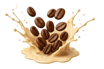 Obraz premium Coffee beans falling into splashing milk, creating an energizing beverage explosion on transparent background