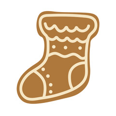 Gingerbread cookie in the shape of a Christmas stocking decorated with icing details