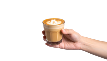 Hand holding a clear glass cup of espresso with latte art, isolated on black