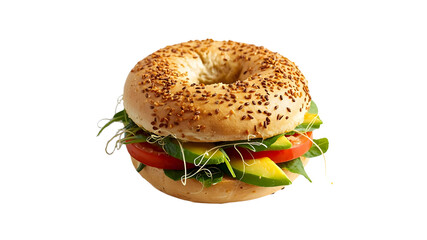 vegan bagel with avocado, tomato and greens, transparent background PNG for food marketing and design