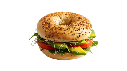 vegan bagel with avocado, tomato and greens, transparent background PNG for food marketing and design