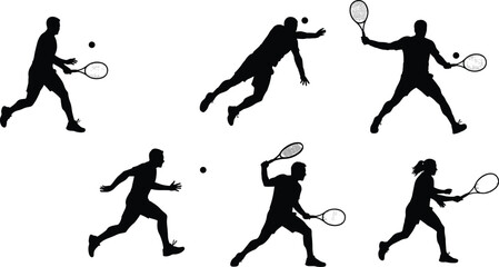 Tennis player silhouettes cartoon illustration, athletic movement and expressive technique concept artwork for sports, lifestyle, and symbolic design