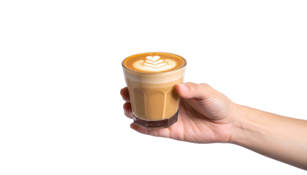 Hand holding a clear glass cup of espresso with latte art, isolated on black