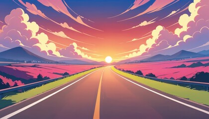Close up Red heart shaped clouds at sunset. Beautiful landscape with road Love background Road to love