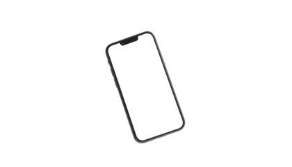A tilted, black mobile phone floats against a deep black background, screen dark