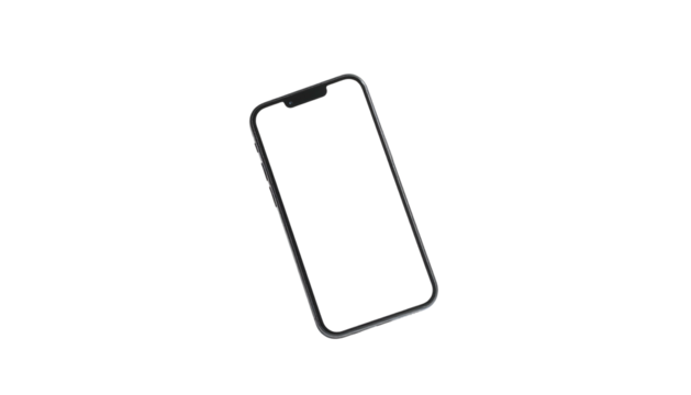 A tilted, black mobile phone floats against a deep black background, screen dark