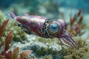 An Artistic portrayal of a mechanical Squid exploring underwater