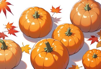 Close up Ripe pumpkins and maple leaves