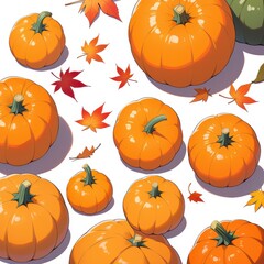 Close up Ripe pumpkins and maple leaves