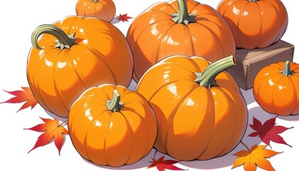Close up Ripe pumpkins and maple leaves