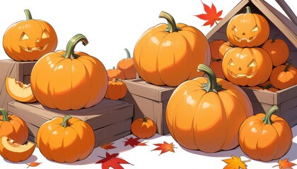 Close up Ripe pumpkins and maple leaves