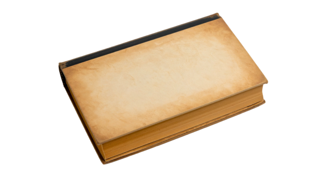 Close-up of an aged, closed hardcover book. The cover is worn and the pages are visible